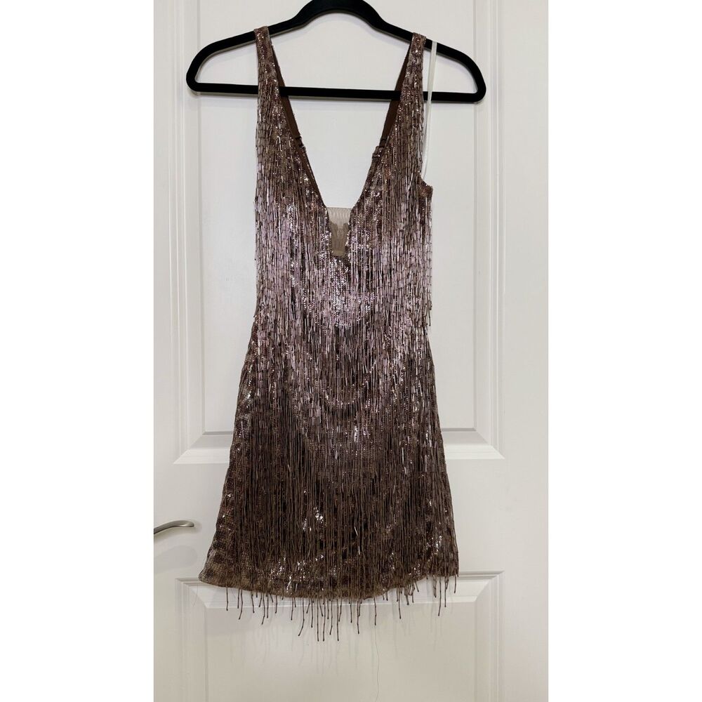 Mandalay Designs Bronze Metallic Beaded Fringe & Sequin Dress